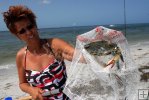 Beach-goer with blue crab